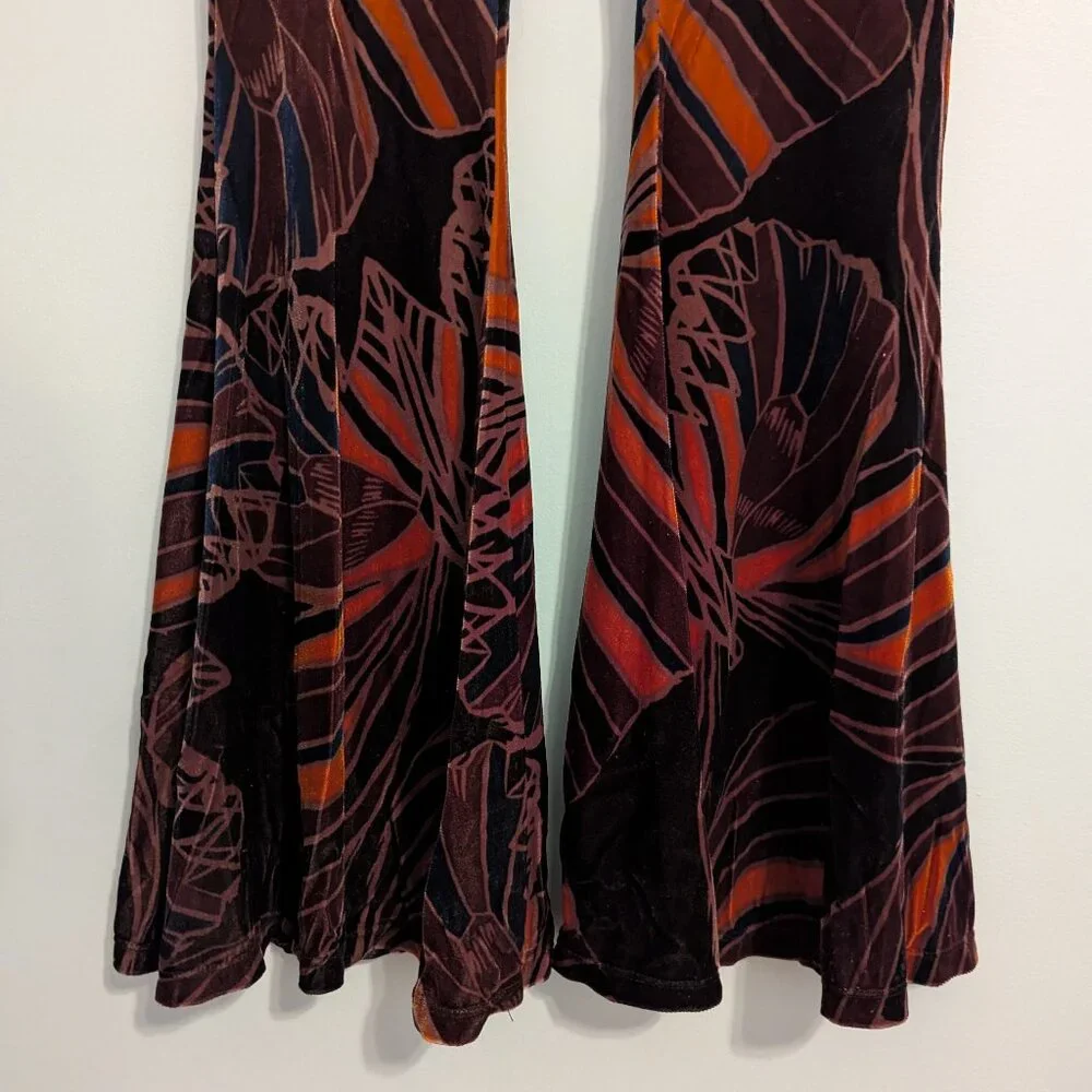 Free People Printed Velvet Pull-On Flare Pants - Purple/Orange/Black - Size S - Picture 3 of 4